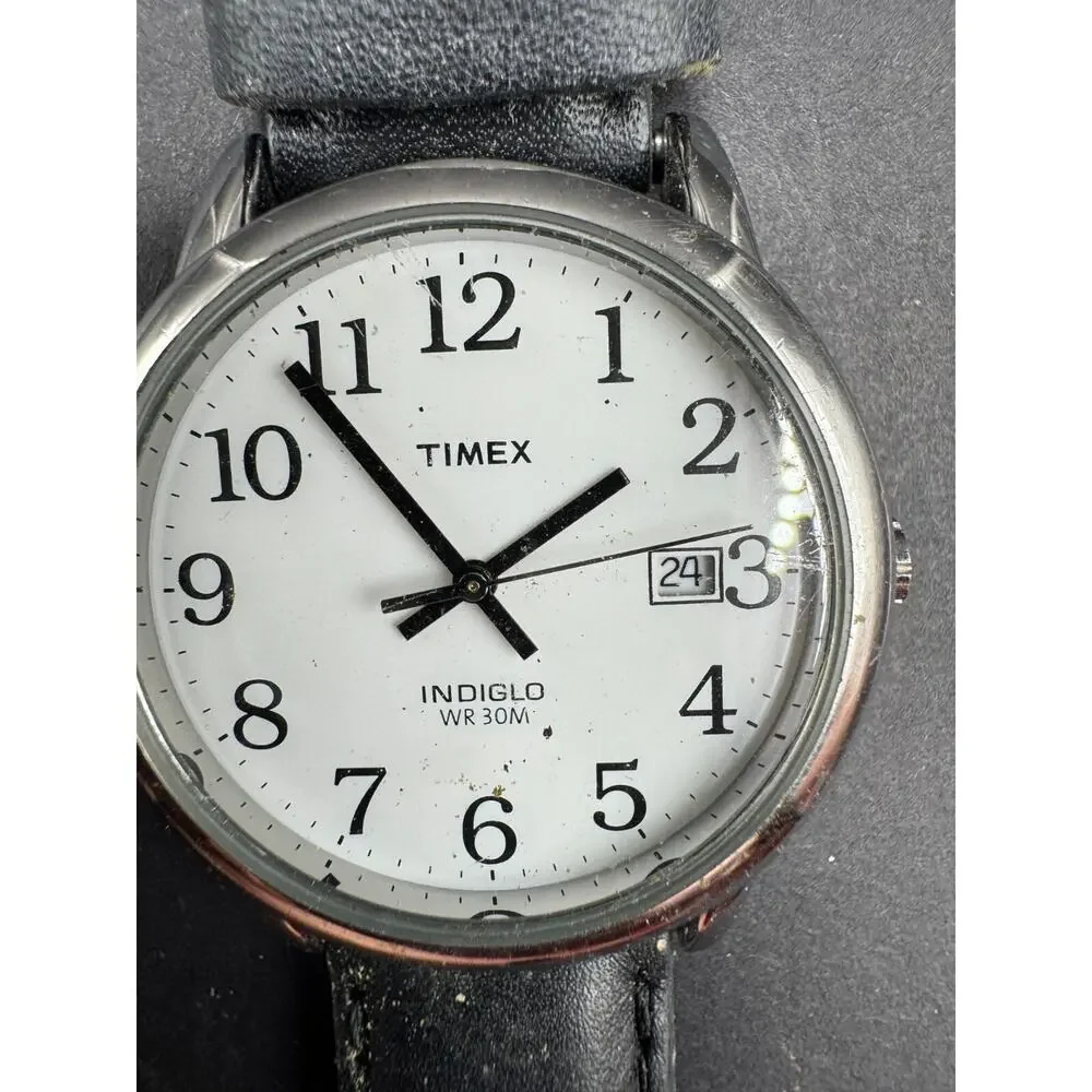 Timex Indiglo WR 30m Easy Reader Watch White Dial Black Leather Band 35mm